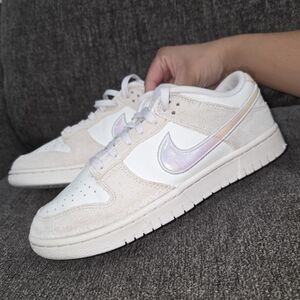 White and Cream Sneakers with Iridescent Swoosh